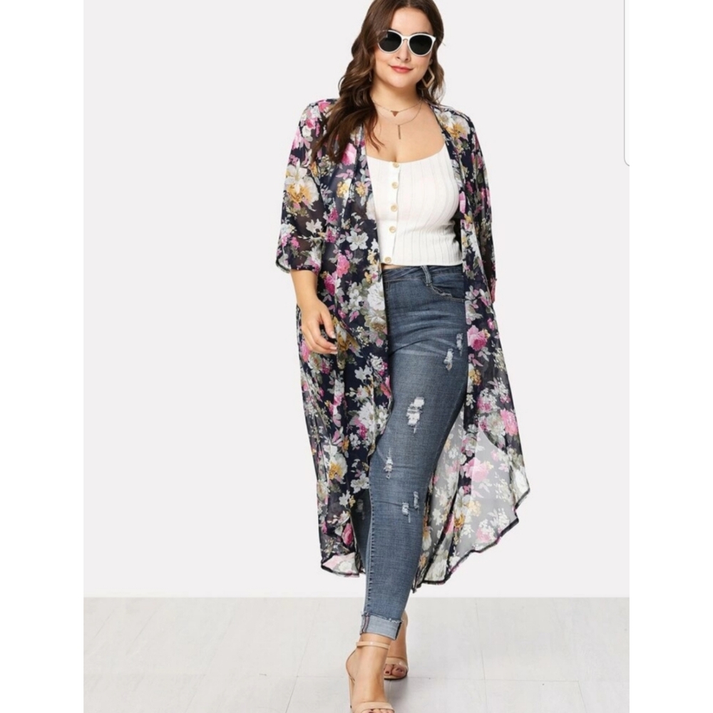 Navy Floral Long Kimono - Picture 3 of 4